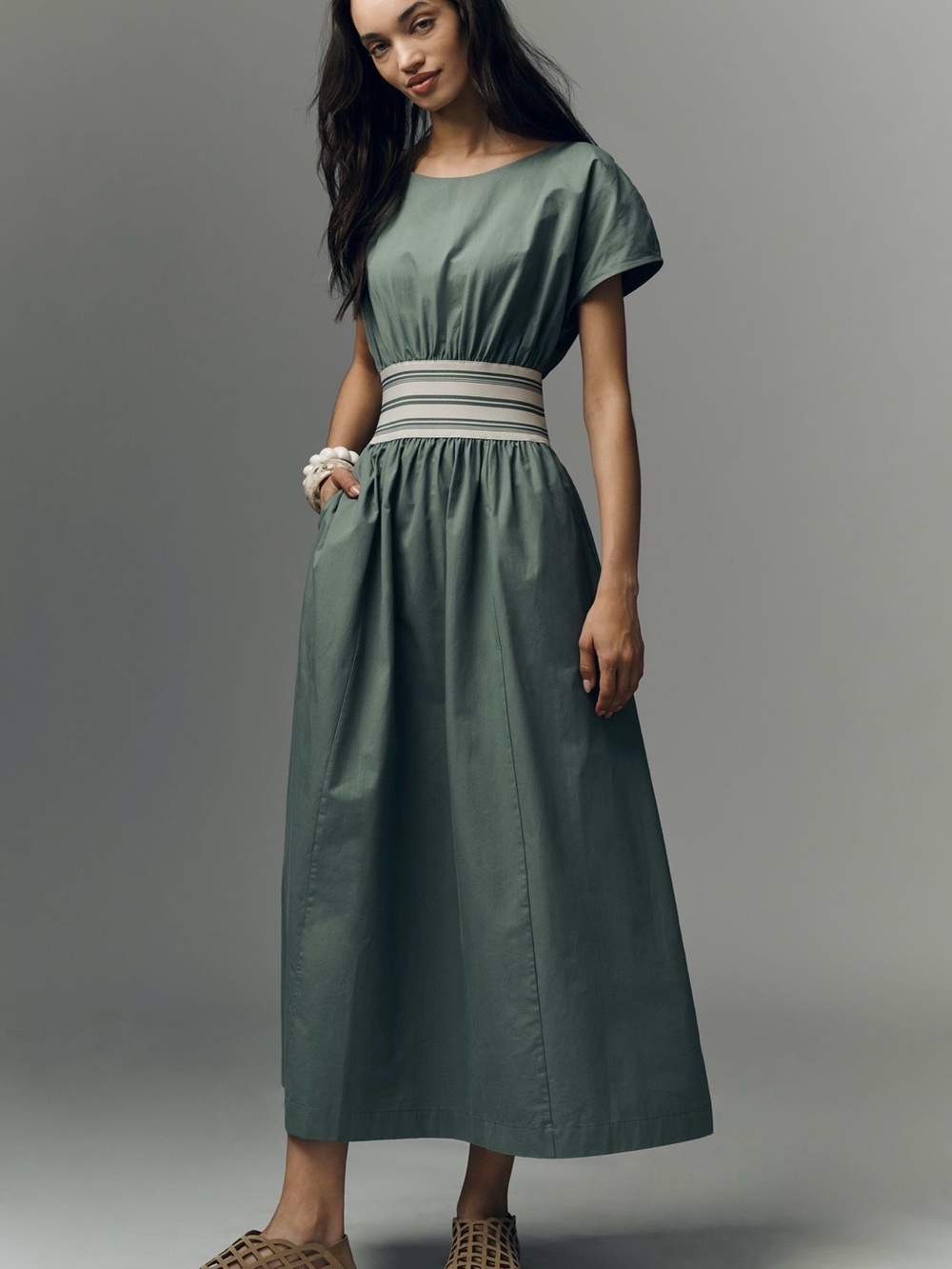 By Anthropologie Waisted Short-Sleeve A-Line Midi Dress